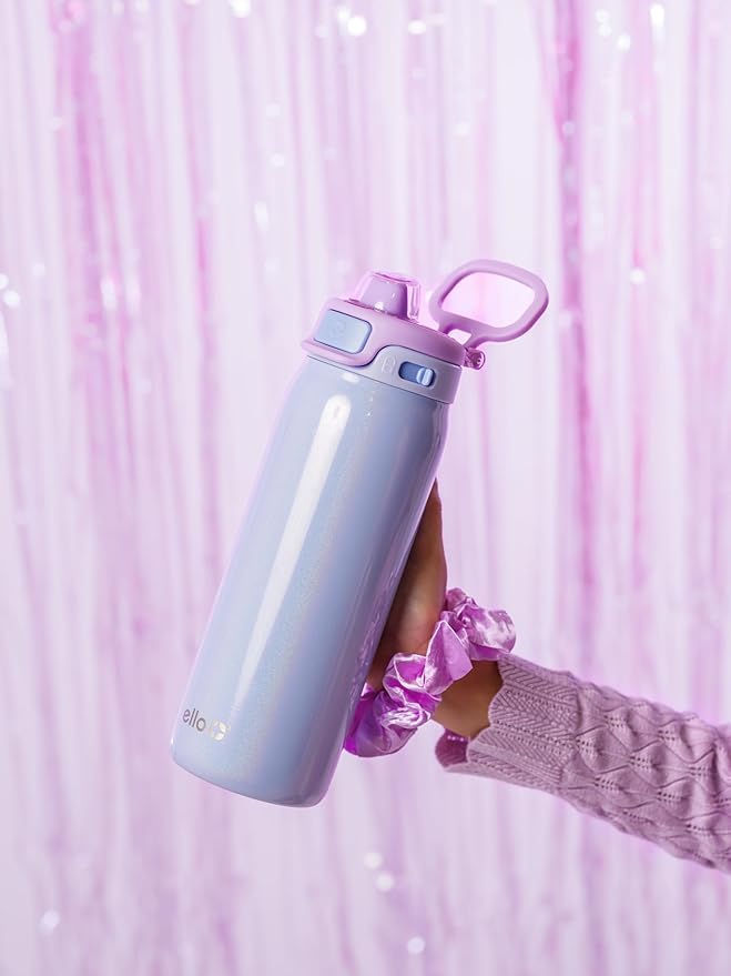 Ello Kids Pop & Fill 18oz Stainless Steel Water Bottle with Quick Fill Technology, Double-Wall Vacuum Insulation, Leak Proof Locking Lid, Sip & Chug, BPA Free, Gifts for Girls Boys, Purple Holographic
