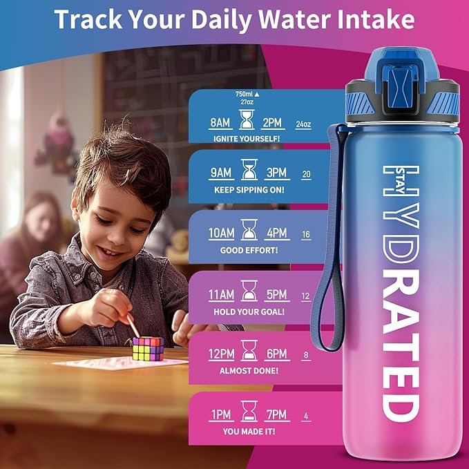 Water Bottle with Straw, 27oz Motivational Water Bottles with Time Marker to Drink, Tritan BPA Free, 750ml Sports Water Bottle with Carry Strap LeakProof for School Fitness Outdoor (1Pack)