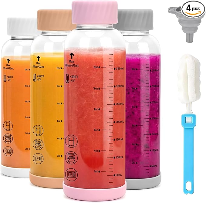 Zukro Glass Water Bottles with lids 16 oz - 4 Pack Heat-resistant Borosilicate Juice Bottles with Stainless Steel Cap for Juicing, Protein, Milk, Smoothies - Reusable & Airtight Leak proof, BPA Free