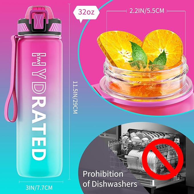 Water Bottle with Straw, 32oz Motivational Water Bottles with Time Marker to Drink, Tritan BPA Free, 1L Sports Water Bottle with Carry Strap LeakProof for Women Gym Fitness Outdoor (1 Pack)