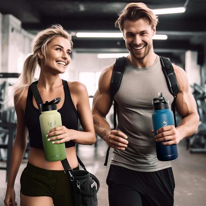 NATURE PIONEOR Insulated Water Bottles with Straw - 32oz Stainless Steel Vacuum Bottle with Holder/Carrier/Sleeve - Reusable 18/8 Food Grade 32 oz Water Jug