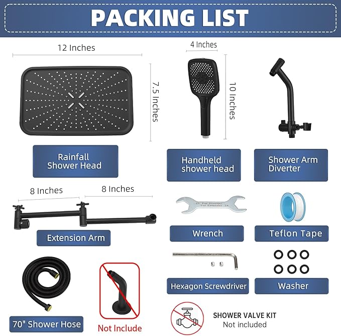 14" High Pressure Rain/Rainfall Shower Heads With Handheld Spray Combo (3+1 Settings & Built-in Power Wash Mode), Double/Dual Shower Head With Handheld - Height/Angle Adjustable(Matte Black)