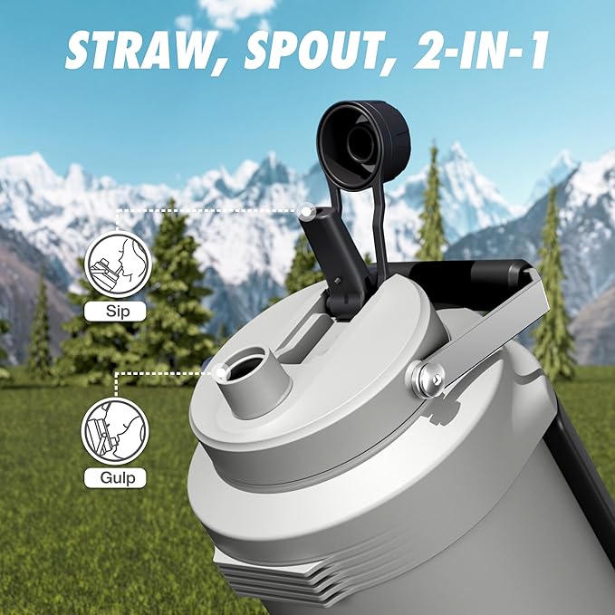 POWCAN Gallon Insulated Water Bottle: 2-in-1 Straw Spout Lid, Dual Handle, Leakproof, Keep Cold 48H, 128oz Stainless Steel Water Jug for Gym, Hydration, Fitness, Trip, Work, Home, Picnic (Frost)