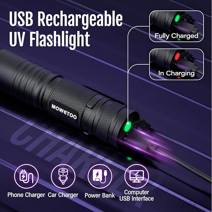 Black light UV Flashlight Rechargeable, 395nm Mini Zoomable Blacklight Woods Lamp, Portable But Powerful USB Ultraviolet Flashlights for Pet Urine Detection, Home, Scorpions, Resin Curing, Leak