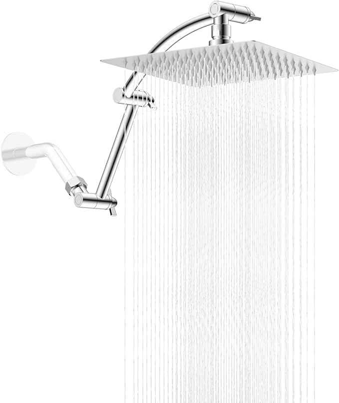 Hibbent All Metal Rain Shower Head, 8'' High Pressure Rainfall Square Showerhead with 16" Shower Head Extension Arm, Solid Brass Adjustable Shower Arm Extender, Waterfall fixed Showerheads, Chrome