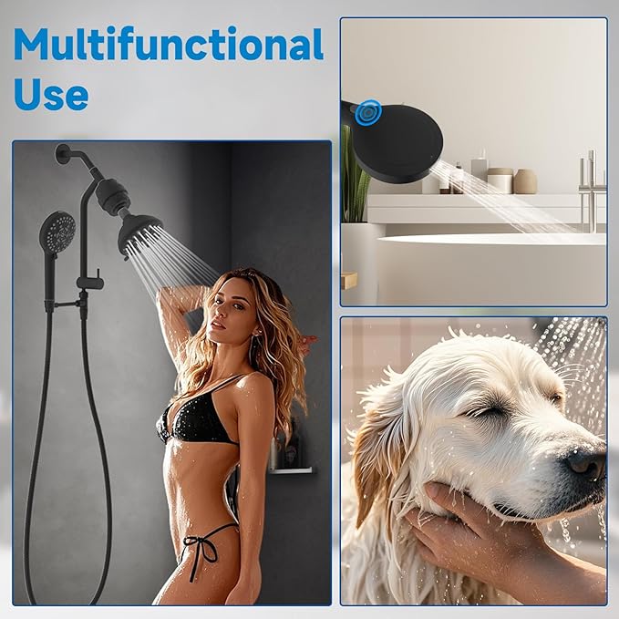 Filtered Shower Heads, All Metal Dual Shower Head with Easy Reach Handheld Spary Combo, 3-Way High Pressure 70 Modes Rainfall Showerhead, 71" Hose, Shower Bracket, 20 Stage Shower Filter, Matte Black