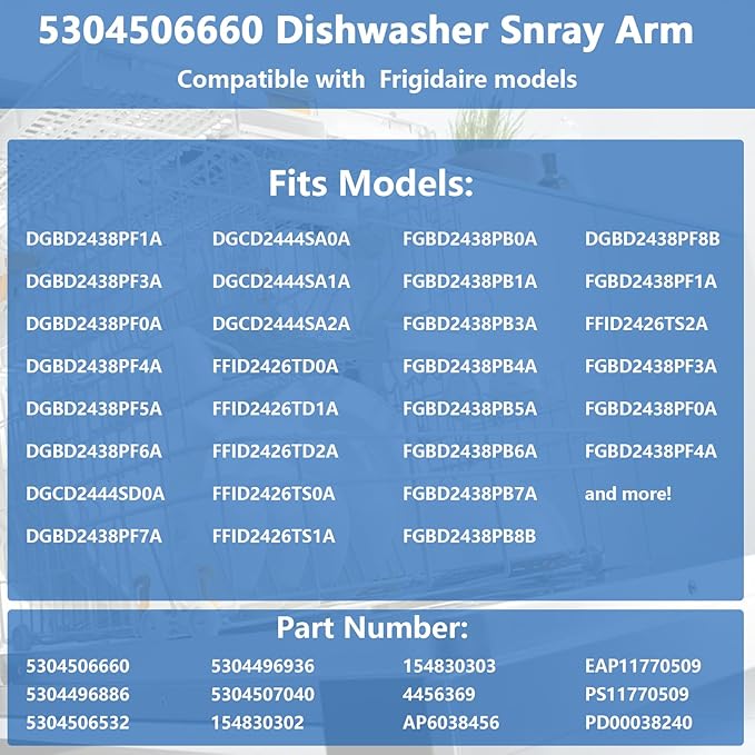 5304506660 Dishwashers Spray Lower Wash Arm Compatible for Frigidaire AP6038456 154830302 154830303 with 5304518968(154294101) Spray Arm Support, 5304506518(154252701) Trap Drain Filter Assembly