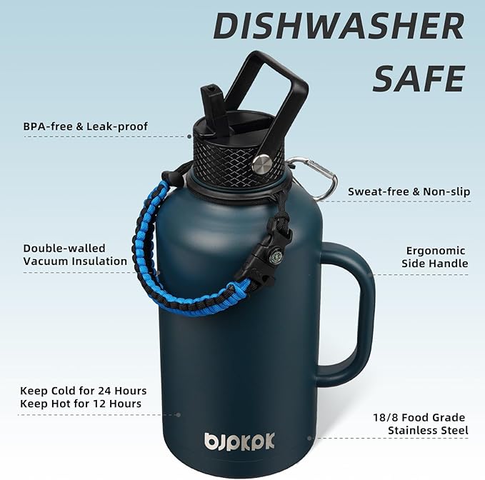 BJPKPK Half Gallon Insulated Water Bottles with Straw Lid & Side Handle, 64oz Large, Stainless Steel Water Bottles with 3 Lids and Paracord Strap, Metal Water Jug,Navy Blue