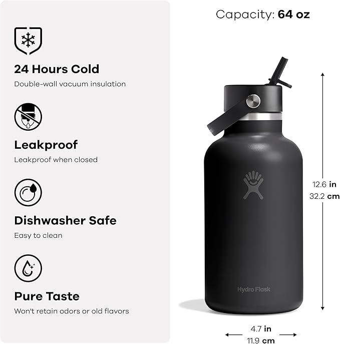 Hydro Flask Water Bottle - Insulated Stainless Steel - Wide Straw Lid, Non Spill, Leakproof in 64 Oz Cloud Pink