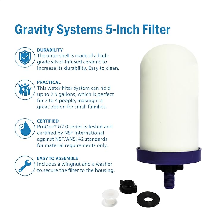 ProOne G-Series 5-Inch Gravity Water Replacement Filter, Traveler+, Big+, and Big II Replacement Water Filter for Countertop Gravity Filtration Systems, Tested Proven to Reduce PFAS, 2 Pack