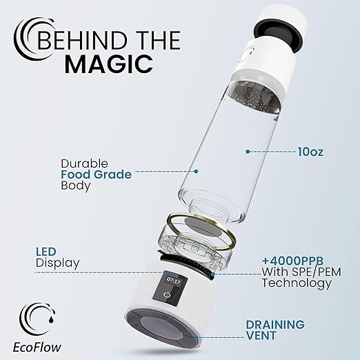 ECOFLOW Hydrogen Water Bottle Generator – Up to 5000PPB (5.0 PPM) SPE PEM Tech Water Ionizer – 10oz Portable Molecular H2 Maker, USB-C Rechargeable, LED Display – for Travel, Gym, Office