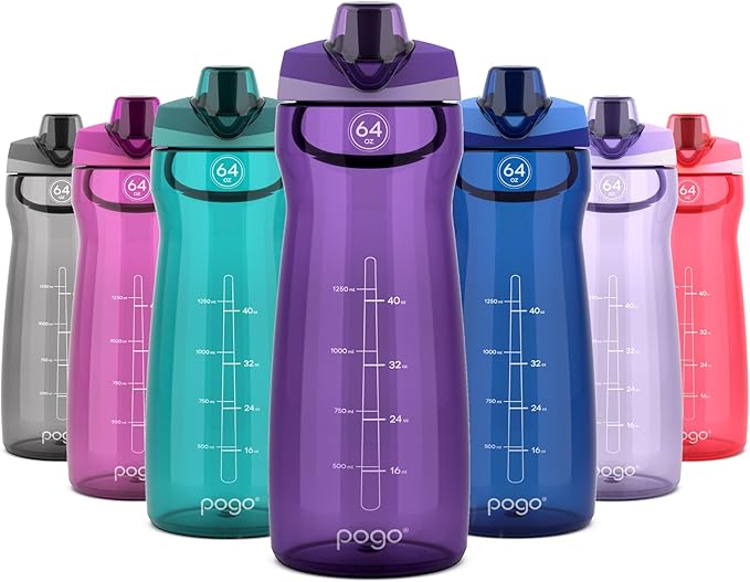 Pogo 64oz Plastic Water Bottle with Leak-Proof Chug Lid and Carry Handle, Reusable, BPA Free, Capacity Markings, Dishwasher Safe, Perfect for Travel, School, Outdoors, and Gym, Purple