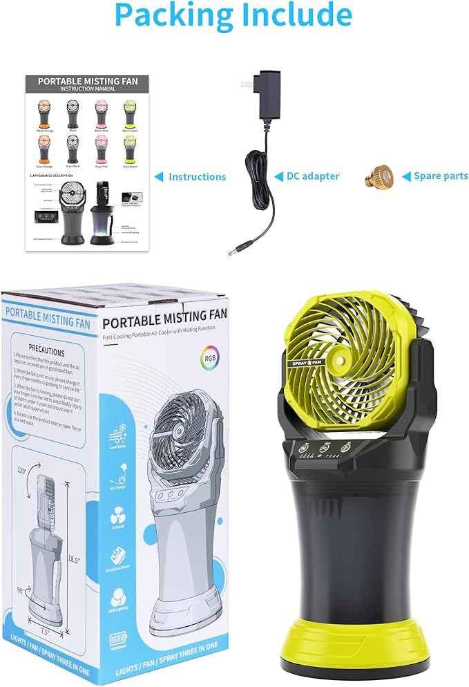 AVV Portable Misting Fan with RGB Ambient Light- 2L Water Tank, 4 Speeds & Spray Mist Fan, 30000mAh Rechargeable Misting Fans for Outdoor/Indoor Fans for Camping, Patio, Garden, Black-Green