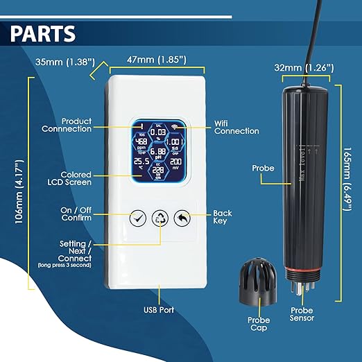 7 in 1 Smart Water Quality Tester, Wireless WiFi Water Monitor Measures pH/ORP/TDS/EC/Salinity/SG/TEMP, Water Quality Meter with App Connection Real-Time Alerts for Aquarium, Saltwater Fish Tank, etc.