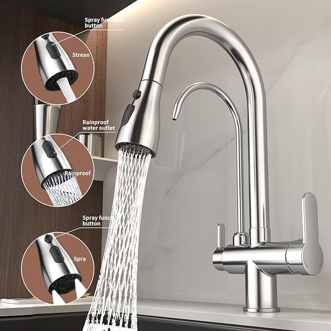 Kitchen Sink Faucet with Pull - Down Sprayer, 2 - Handle 3 - in - 1 Kitchen Sink Filter Faucet, Cold and Hot Mixer Drinking Water Faucet (Chrome-02)