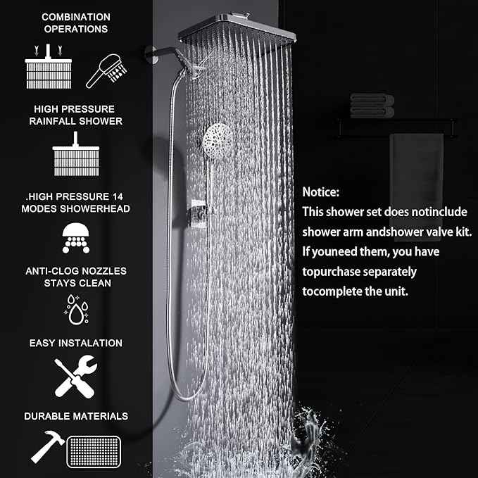 Tandem Shower Head with Filters-14'' Rainfall ShowerHead,Filtered Power Wash Handheld for Hard Water,High Pressure Output, Reduces Dry Itchy Skin, Improves Condition of Your Body, Hair