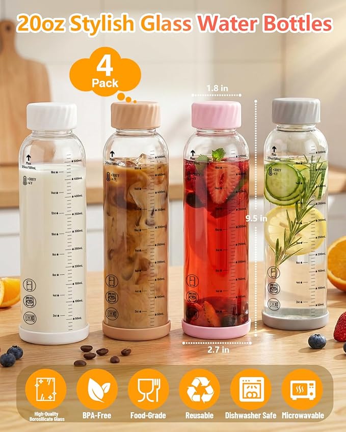 Zukro Glass Water Bottles with lids 20 oz - 4 Pack Heat-resistant Borosilicate Juice Bottles with Stainless Steel Cap for Juicing, Protein, Milk, Smoothies - Reusable & Airtight Leak proof, BPA Free