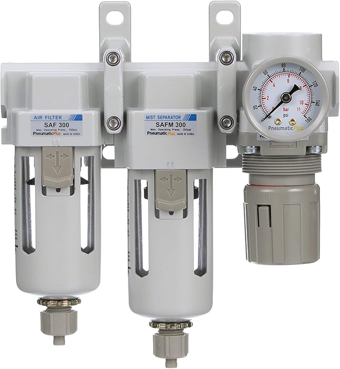 PneumaticPlus SAU330-N03G Three Stage Compressed Air Drying System - Particulate Air Filter, Coalescing Filter, Air Pressure Regulator Combo 3/8" NPT - Poly Bowl, Manual Drain, Gauge - AquaVibe