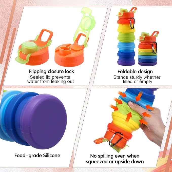 Sunnyray Collapsible Water Bottles Bulk Foldable Water Bottles 17oz Silicone Portable Leak Proof Reusable Sports with Clip for Travel Hiking Camping Outdoor(Colorful,20 Pack)