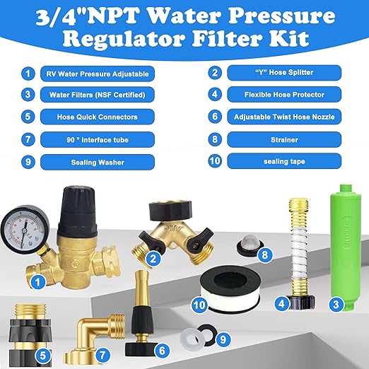 RV Water Pressure Regulator, Water Pressure Regulator for RV Camper, Camper Water Pressure Regulator with RV Water Regulator, Water Filter, Quick Connect Water Hose, Brass Elbow Flexible Connector