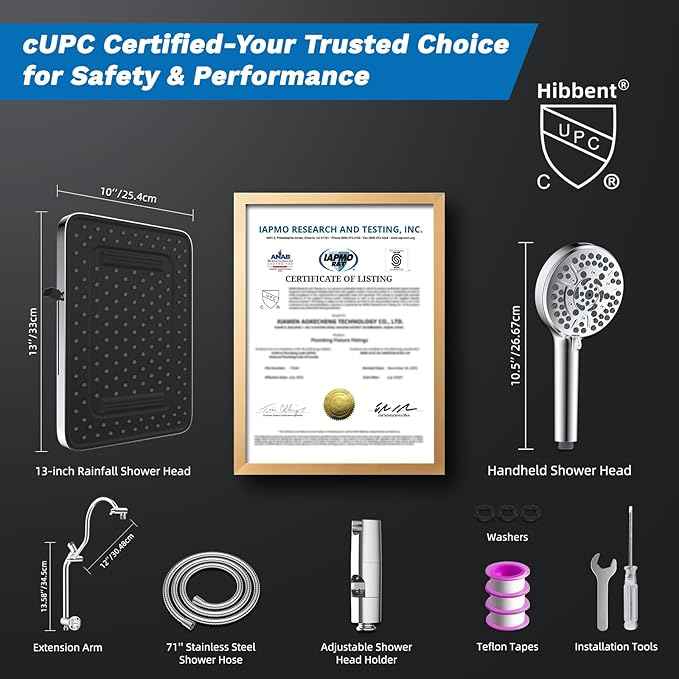 Hibbent cUPC Certified 13'' Shower Head Combo, High Pressure 5 Spray Rainfall Showerhead, 10 Spray Mode Handheld, All Metal Easy Reach 4-way Diverter Arm with Pause Mode, 71'' Hose and Holder, Chrome