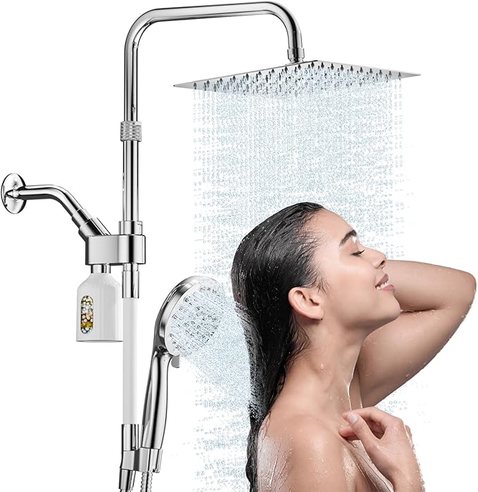 MIAOHUI High Pressure Rain Shower Head with 7 Settings Handheld Spray, Dual Shower Heads with Handheld Spray Combo, 10 Inch Luxury Rainfall Shower Head and Handle Set with Filter (Chrome)