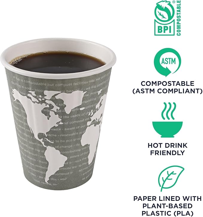 ECO PRODUCTS Compostable Disposable Insulated World Art 12oz Coffee Cups, Case of 600, Renewable Double-wall Hot Paper Cup, Plant Based PLA Lining, No Sleeves Needed, Color Coded
