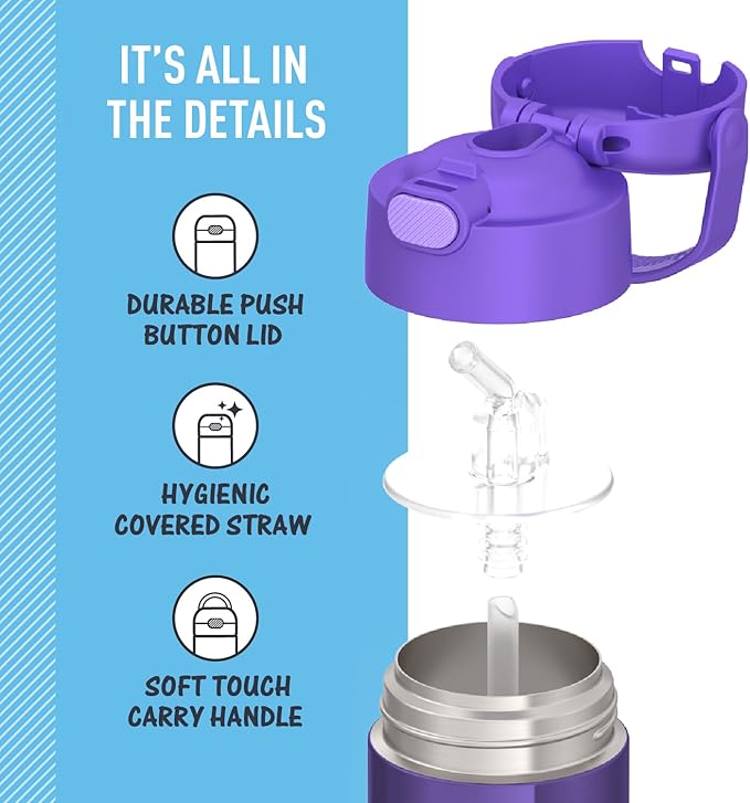 THERMOS FUNTAINER Water Bottle with Straw - 12 Ounce - Kids Stainless Steel Vacuum Insulated Water Bottle with Lid, Violet