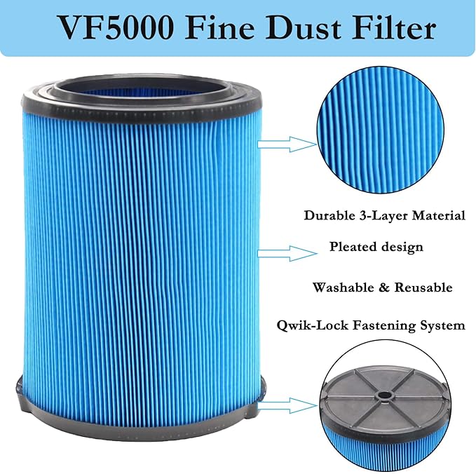 VF5000 3-Layer Pleated Vacuum Filter Compatible with Ridgid Shop Vac 6-20 Gallon Wet Dry Vacuums, Fine Dust Replacement Filter for Rigid WD1450 WD0970 WD1270 WD09700 WD06700 WD1680 WD1851 RV2400A - AquaVibe