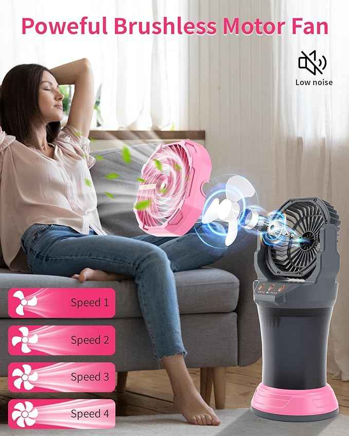 Portable Misting Fan with Large Battery Fan-Rechargeable Outdoor Misting Cooling Fans with 2L Water Tank,RGB Lights,4 Speeds & Spray Modes-for Patio, Camping, Beach, Workshop (Gray-Pink)