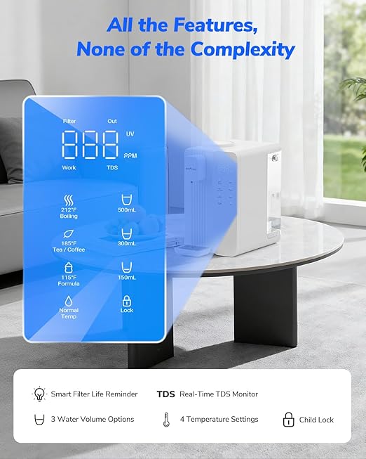 Ecoviva MATE4 Countertop Reverse Osmosis Water Filter with UV - 7-Stage Purification, Instant Hot Water (212°F), Real-Time TDS, 3:1 Pure to Drain, Desktop Water Purifier Ideal for Dormitory