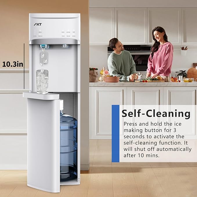 IKT Self-Cleaning Bottom Loading Hot and Cold Water Dispenser with Ice Maker for 5 Gallon Bottle 22lbs Daily Capacity Empty Bottle Alert White