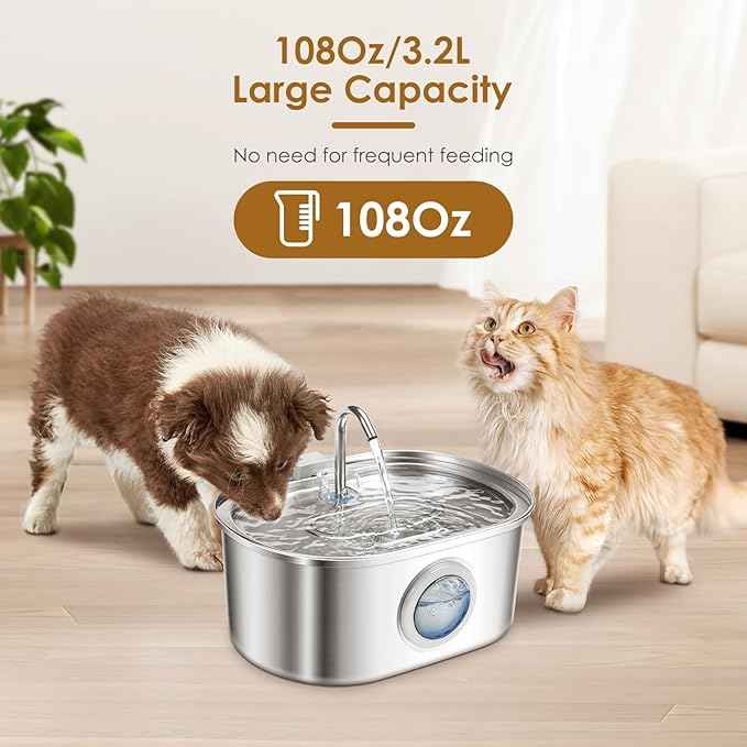 Animal Activated Livestock Waterers,Cat Water Fountain Pet Water Fountain 3.2L/108oz Stainless Steel Pet Fountain Dog Water Dispenser