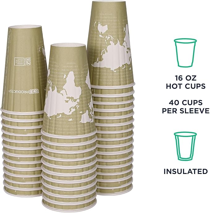 ECO PRODUCTS Compostable Disposable Insulated World Art 16oz Large Coffee Cups, Case of 600, Renewable Double-wall Hot Paper Cup, Plant Based PLA Lining, No Sleeves Needed, Color Coded