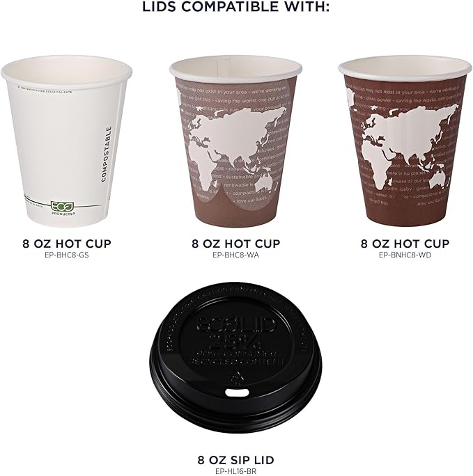 Eco-Products Ecolid Recycled Small Coffee Cup Lids, Case of 1000, Black, Fits 8oz Hot Cups, Made from 25% Post-Consumer Recycled Plastic Polystyrene, Made in the U.S.A.