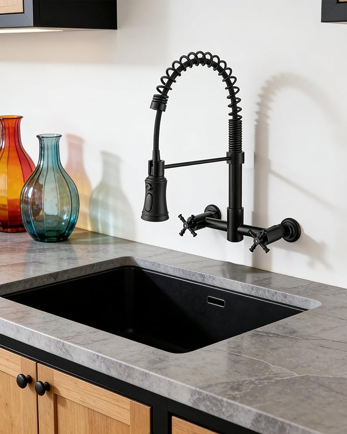 Wall Mount Kitchen Faucet, 8 Inch Center Wall Mount Faucet with Pull Down Sprayer, Commercial Spring Wall Faucet for Kitchen Sink, 3 Functions, Dual Handle, 304 Stainless Steel, Matte Black