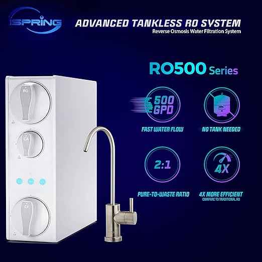 iSpring RO500AK-BN+UVF8 Tankless Reverse Osmosis Water Filtration System & RCC7AK, NSF Certified 75 GPD, Alkaline 6-Stage Reverse Osmosis System, pH+ Remineralization