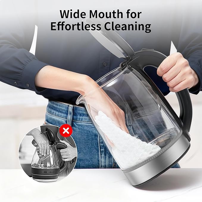 Electric Kettle Glass 2L, 1500W Fast Boiling Hot Water Boiler with Auto Shut-Off, LED Light, BPA-Free, Borosilicate Glass, Stainless Steel Interior, Wide Opening, Cordless Tea Kettle