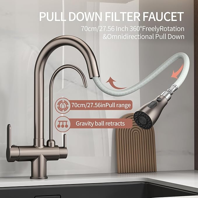 Kitchen Sink Faucet with Pull - Down Sprayer, 2 - Handle 3 - in - 1 Kitchen Sink Filter Faucet, Cold and Hot Mixer Drinking Water Faucet (Grey-02)