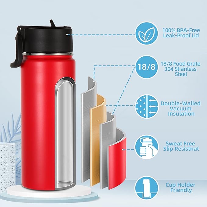 Volhoply 16 OZ Kids Water Bottle Bulk 4 Pack,Insulated Sports Bottles with Straw Lid,Stainless Steel Bottle with Handle Keep Cold & Hot,Double Wall Vacuum Tumbler Cups for School,Girls(Red, 4)