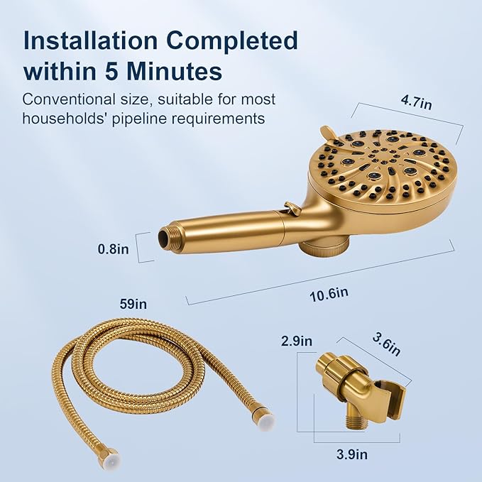 Filtered Shower Head with Handheld, High Pressure 10 Spray Mode Showerhead, Water Softener Filters Beads for Hard Water - Remove Impurity, with brackets and hoses, Gold