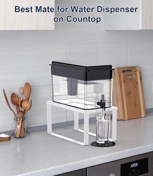 Water Filter Dispenser Stand with Drip Tray - 7.9''W x 14.9''D x 7''H, Metal Stand Designed for Brita Water Filter, Compatible with ZeroWater, PUR, Waterdrop etc - White