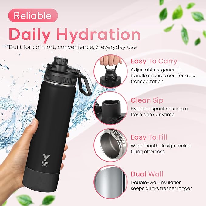 Y TOP 24oz Insulated Water Bottle Leak Proof Spout Lid Fits in Car Cup Holder – Double Wall Dishwasher Safe Easy Clean stainless steel drinking water bottle for Gym Kids Sports Travel Hiking School