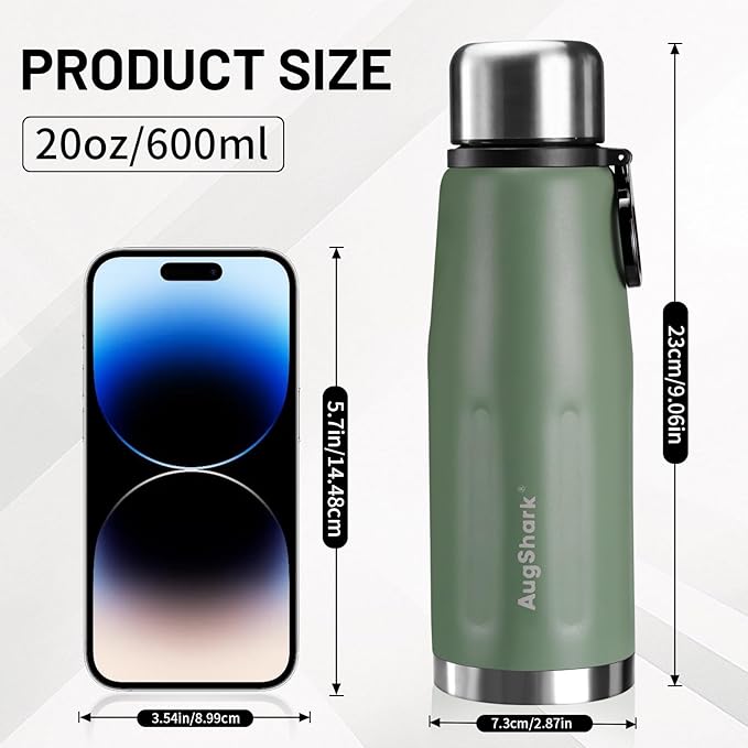 20oz Stainless Steel Insulated Water Bottle Travel Coffee Cup with Lid Leak Proof Metal Water Bottle for Hot and Cold Drink Water Flask (Green)