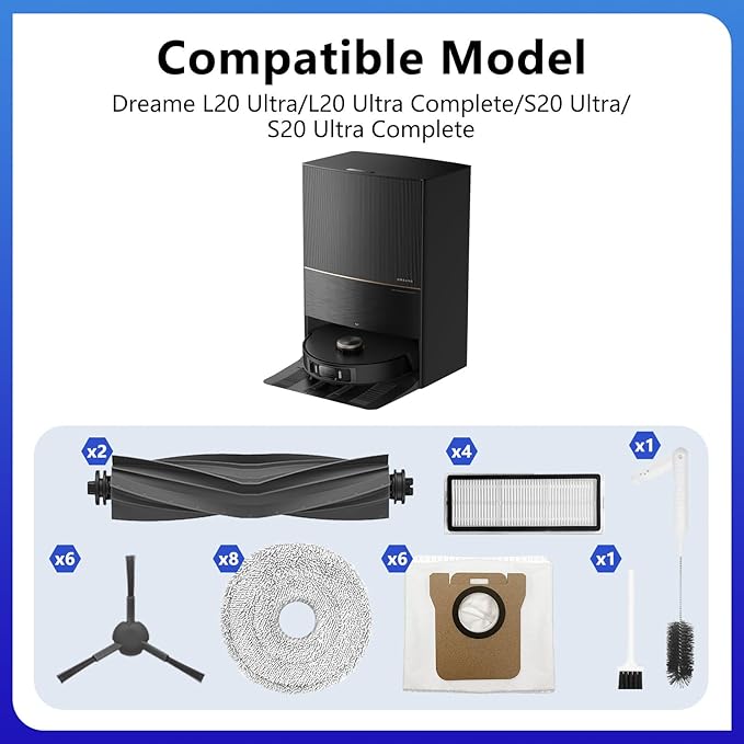 28 PCS Replacement Parts for Dreame L20 Ultra/L20 Ultra Complete, L30 Ultra/L30 Ultra Complete Vacuum Cleaner,2 Rubber Main Brush,6 Activated Carbon Dust Bags,4 Activated Carbon Filters - AquaVibe
