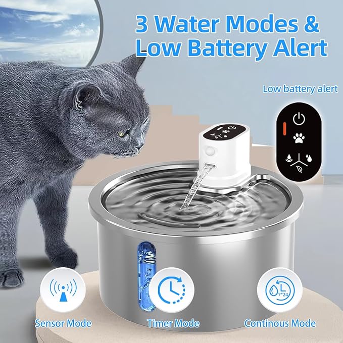 Stainless Steel Wireless Cat Water Fountain 3.2L/108oz Automatic Cat Water Dispenser 4000mAh Battery Operated Large Capacity Pet Water Fountains for Cats Dogs (Black Classic)