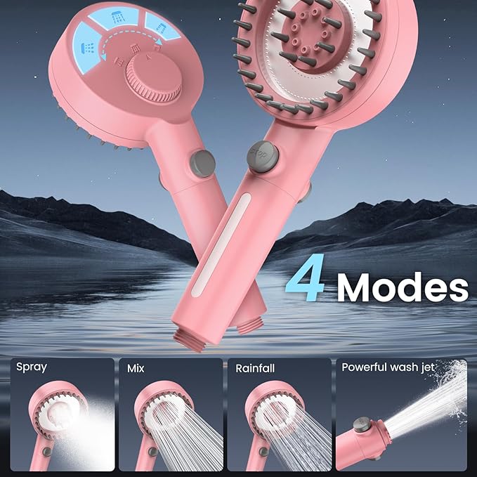 Filtered Shower Head with Handheld, High Pressure 4 Spray Mode Showerhead with Filters, Water Softener Beads for Hard Water with ON/OFF Switch for Pets - Remove Chlorine (Pink, 5 Inch Panel)
