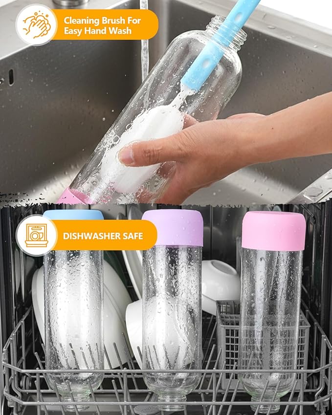 Zukro 32 oz Glass Juice Bottles With Lids, 3 Pack Large Glass Water Jars with Leak Proof Airtight Stainless Steel Caps For Juicing, BPA Free Homemade Beverage Clear Storage Container, Non-slip Base