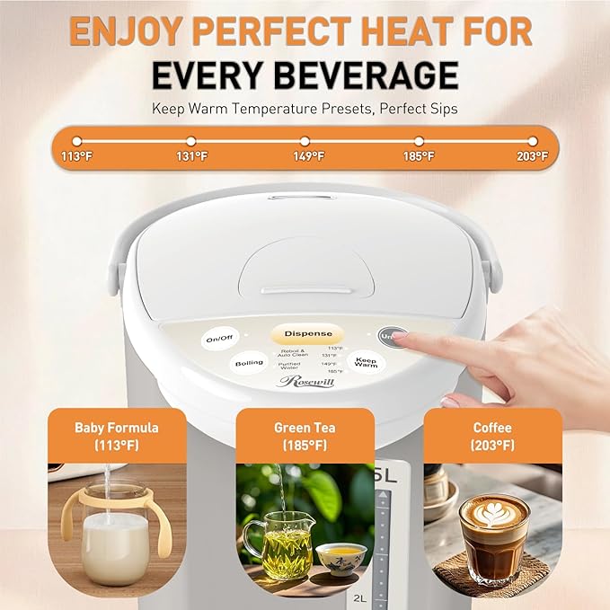 Rosewill Electric Water Boiler and Warmer - 5L/5.3 Qt Stainless Steel Hot Water Dispenser w/Rotating Base, Keep Warm Temperature Set, Auto Shut Off, Safety Lock, Instant Heating for Coffee & Tea