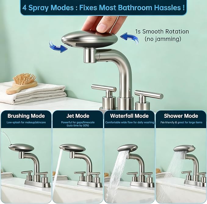 TUTEW Brushed Nickel Bathroom Sink Faucet，Modern 3 Hole Bathroom Faucet 2 Handle 4 Inch Centerset with 4 Water Outlet Modes, 360° Swivel Spout & Pop-Up Drain